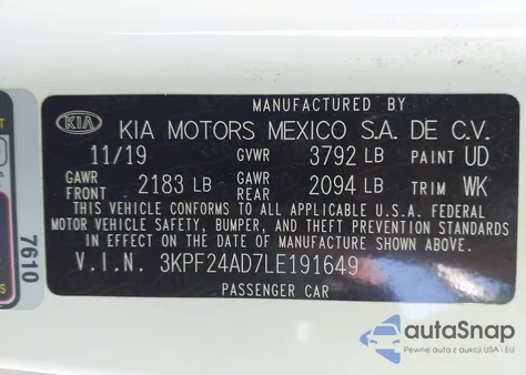 2020 Kia Forte Lxs z USA, uszkodzony, nr VIN 3KPF24AD7LE191649